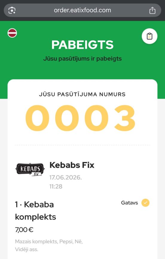 A guest's phone showing a completed Eatix order from Kebabs Fix